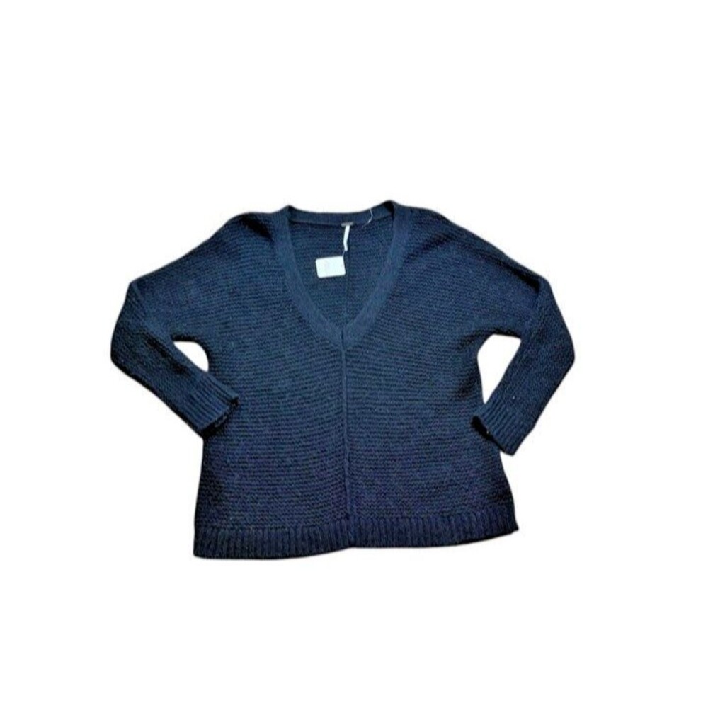 Free People Pullover Sweater Womens Size Small Black Rib Knit V Neck Chunky Cozy